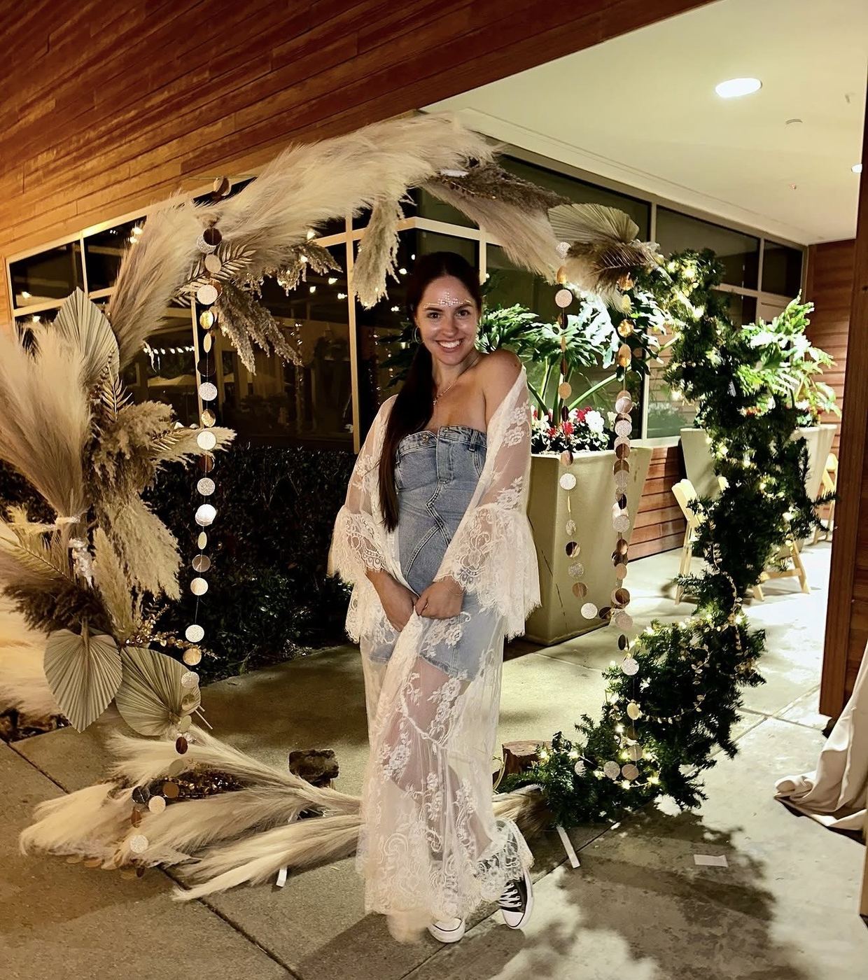 Boho wreath backdrop with pampas and fairy lights